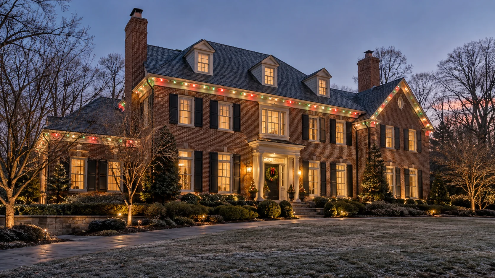 Classic Georgian brick home with red, green and white permanent holiday lights