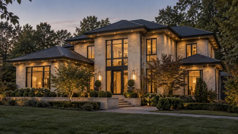 Contemporary limestone estate with discreet permanent warm roofline lights